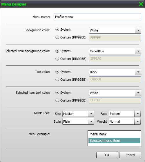 Menu Designer dialog